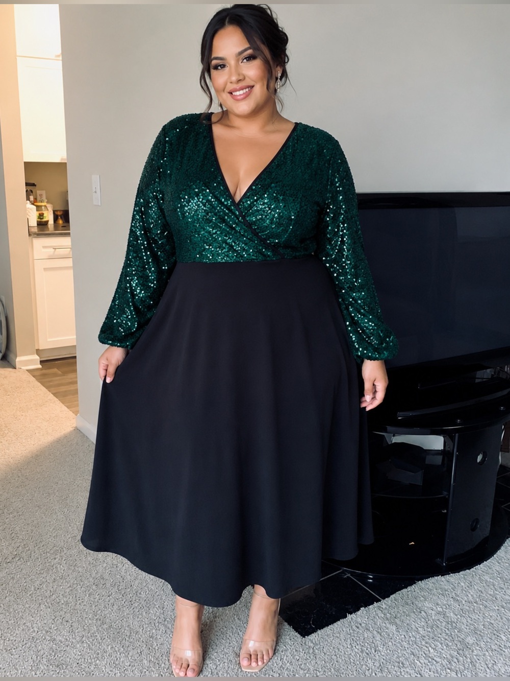 Midnight Velvet Emerald Sequin Wrap Top Black Midi Dress